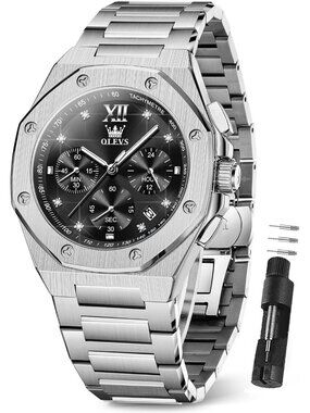 Mens Silver Black Luxury Stainless Steel Octagon Analog Quartz Chronograph Watch